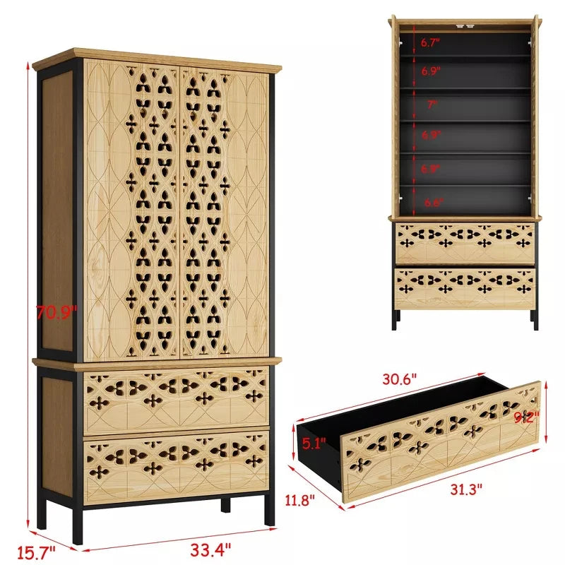 Carved Display Storage Cabinet With 2 Drawers And 6 Shelves