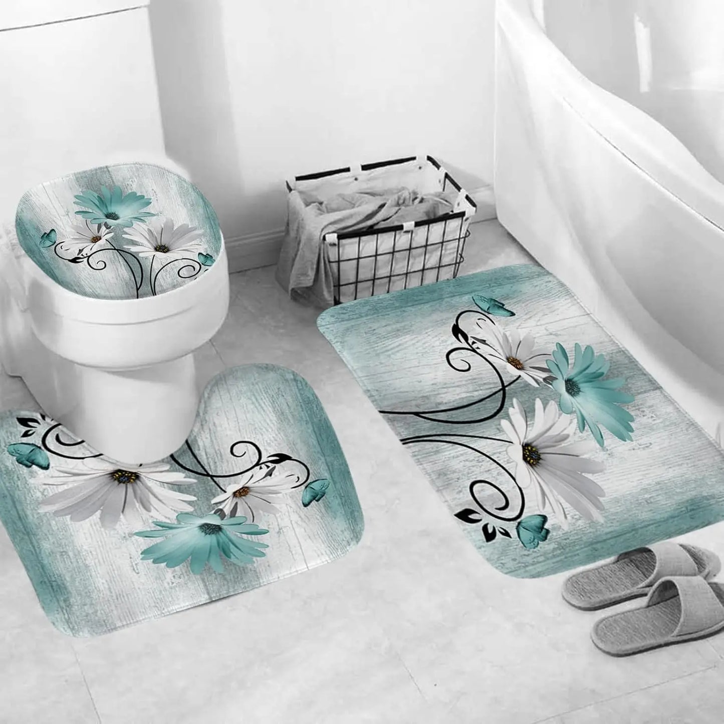 Daisy Farmhouse Shower Curtain Set With Mat And Hooks