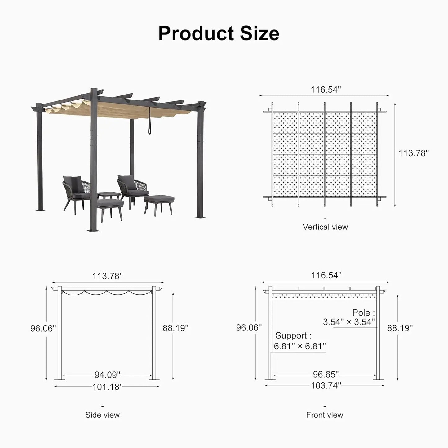 Outdoor Retractable Pergola With Sun Shade Canopy Aluminum Frame