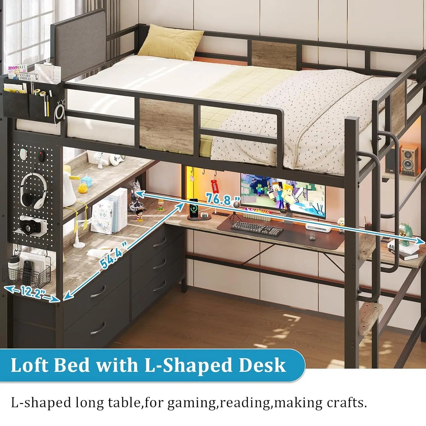 Loft Bed With Desk And Storage Shelves LED Charging Station