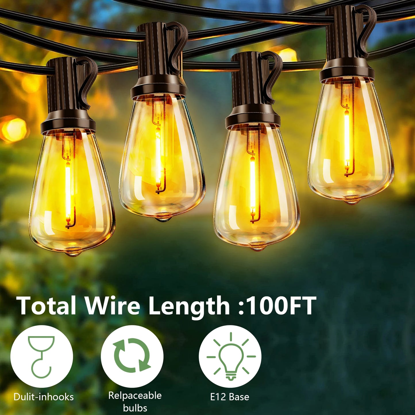 ARLGSITE Solar Outdoor String Lights IP65 Waterproof Replaceable Bulbs