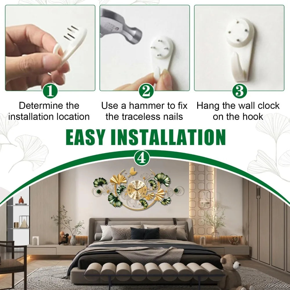 3D Ginkgo Leaf Metal Wall Clock Silent Boho Decor