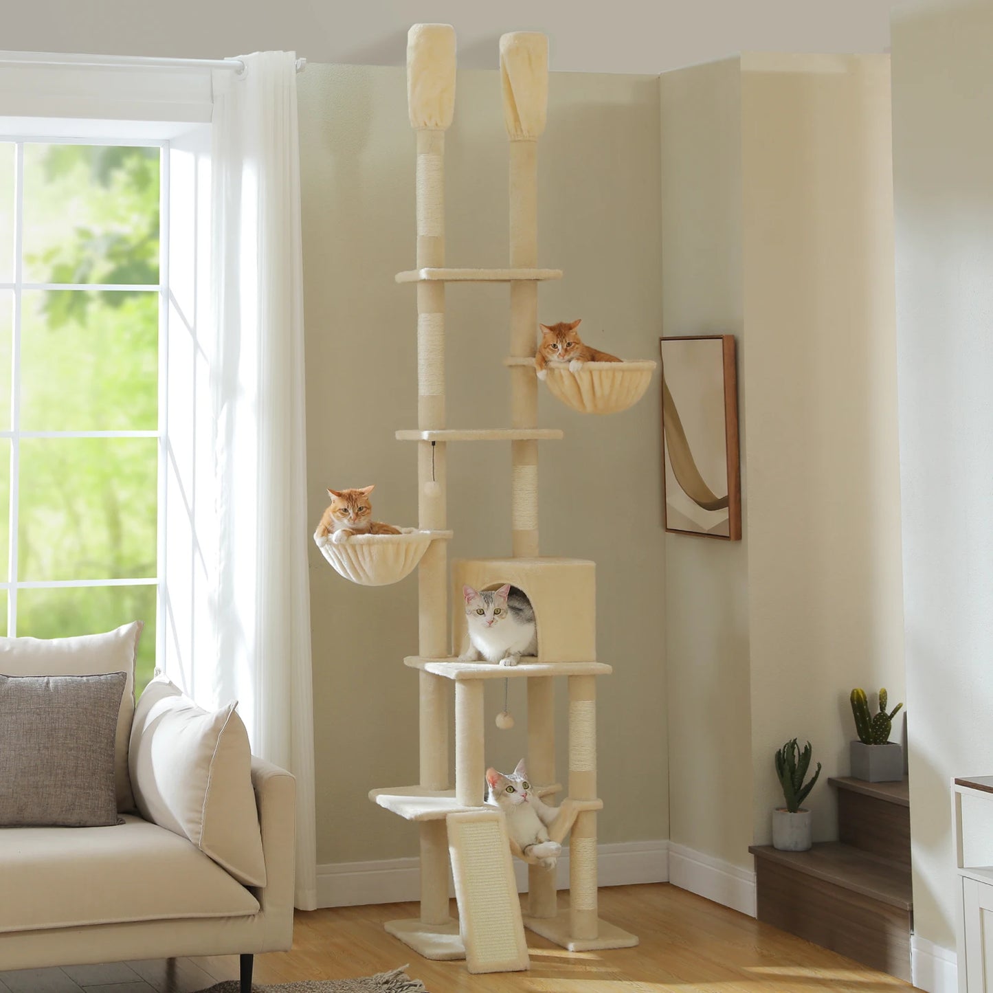 PAWZ Road Cactus Cat Tree Floor To Ceiling Cat Tower With Hammocks
