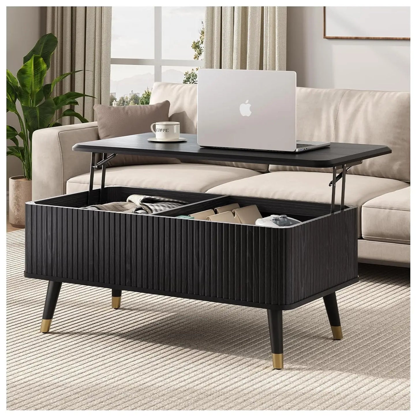 Round Coffee Table With Hidden Storage In Walnut Wood Drum