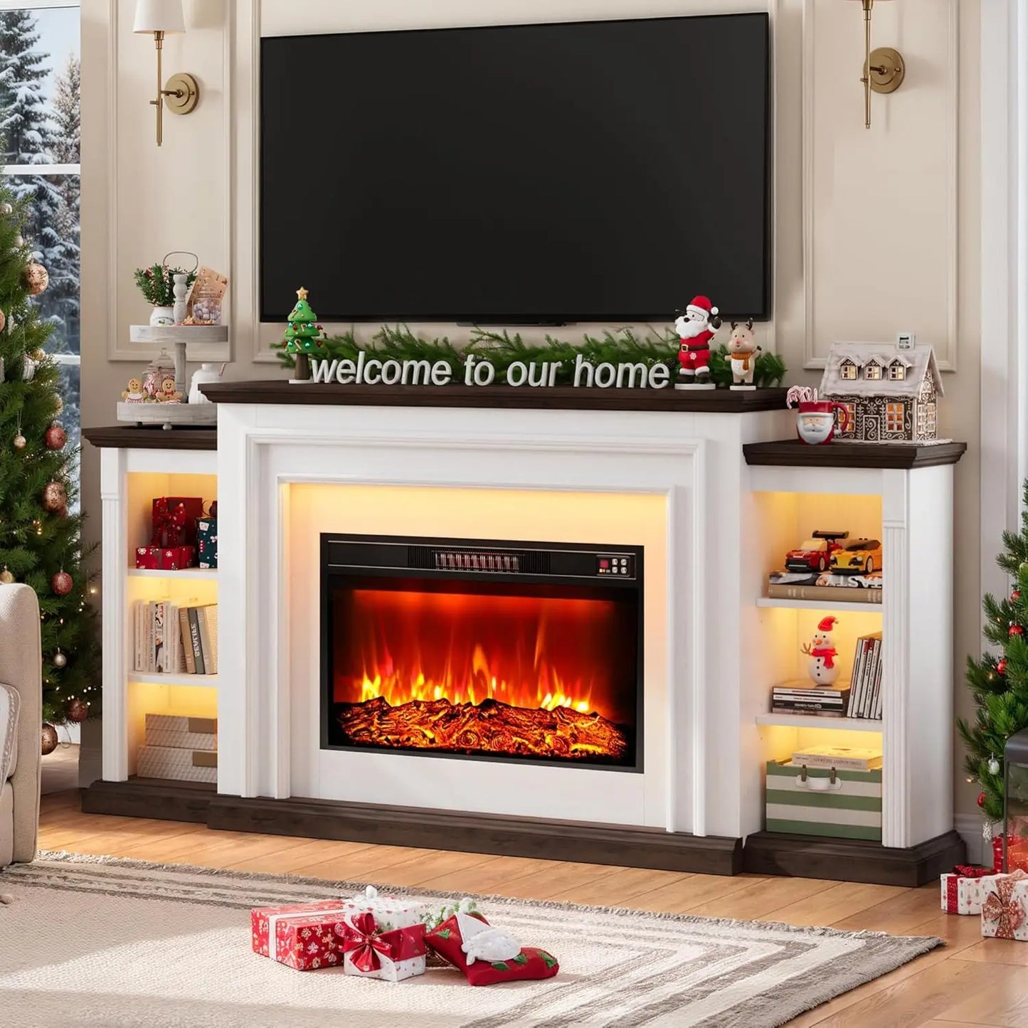 Electric Fireplace TV Stand With Mantel And Freestanding Heater Adjustable Flame