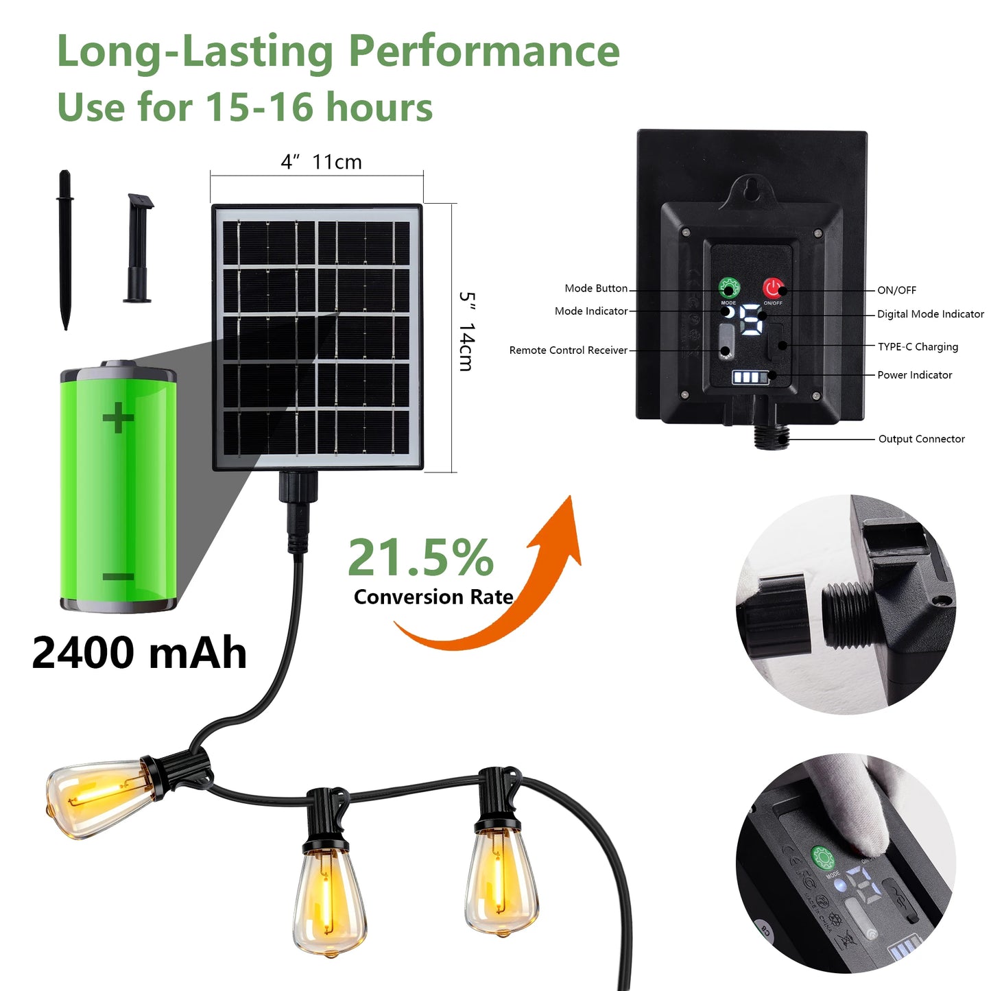 ARLGSITE Solar Outdoor String Lights IP65 Waterproof Replaceable Bulbs