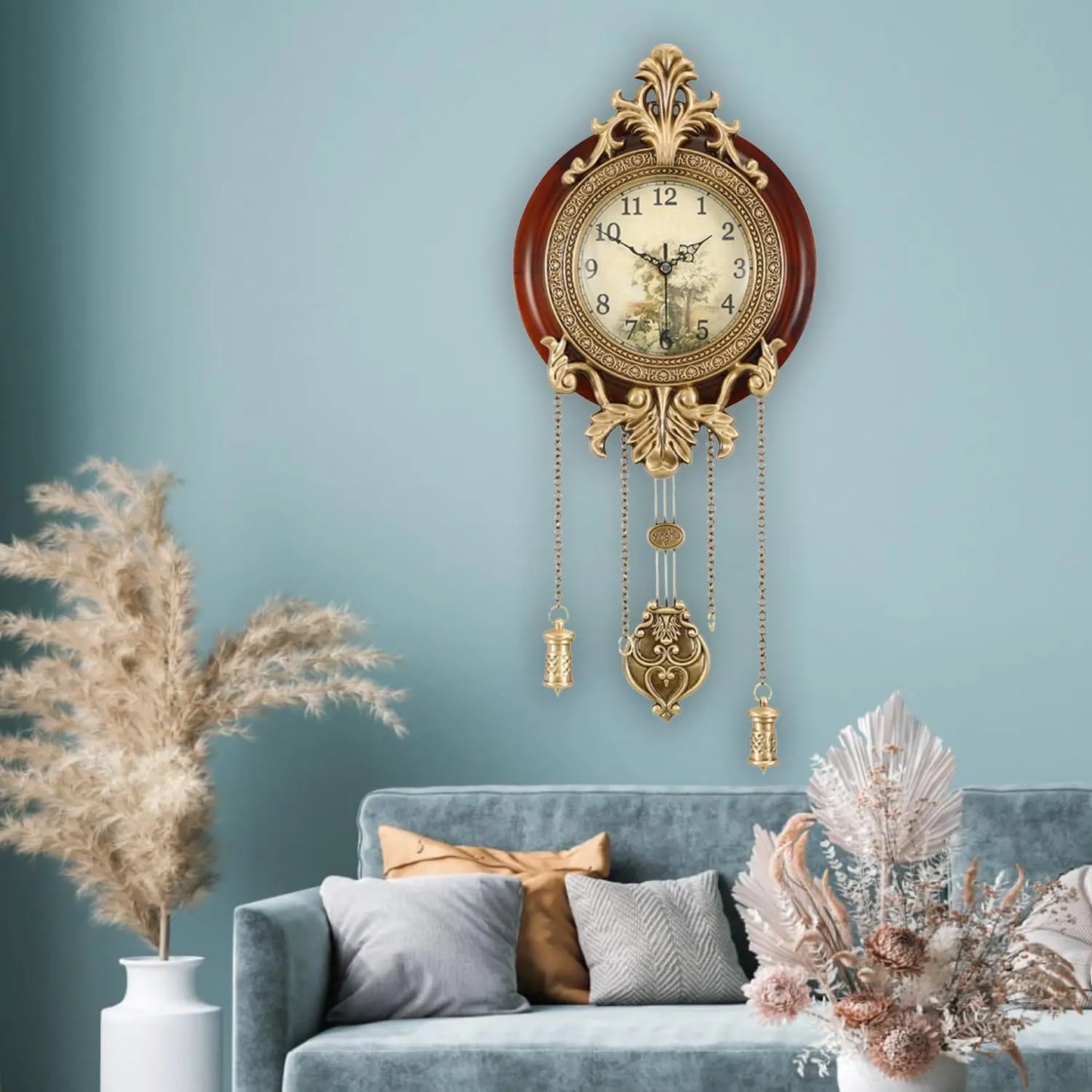 Retro Wood Wall Clock With Pendulum Victorian Style Battery Powered