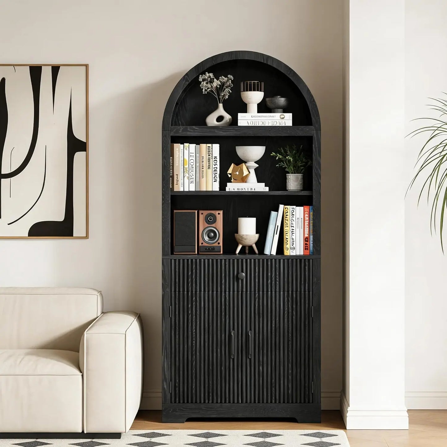 Farmhouse Arched Bookshelf 5-Tier Cabinet With Door