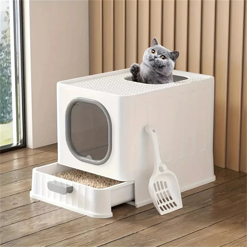 Enclosed Cat Litter Box With Pull Drawer And Protective Lid