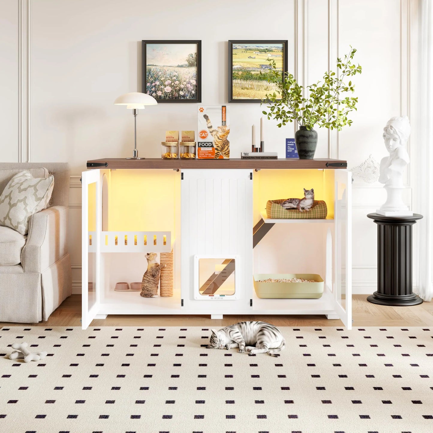 Cat House Litter Box Enclosure With LED Light Smart Doors