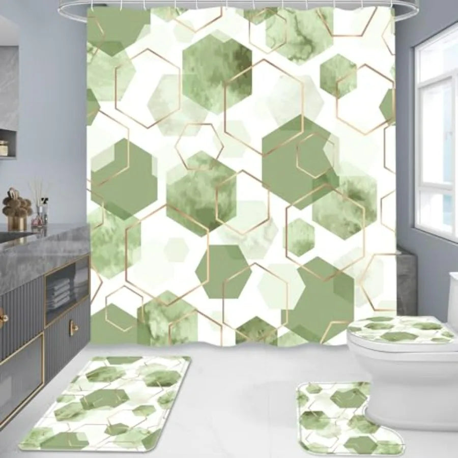 Geometric Shower Curtain Set With Non Slip Rugs Bath Mat