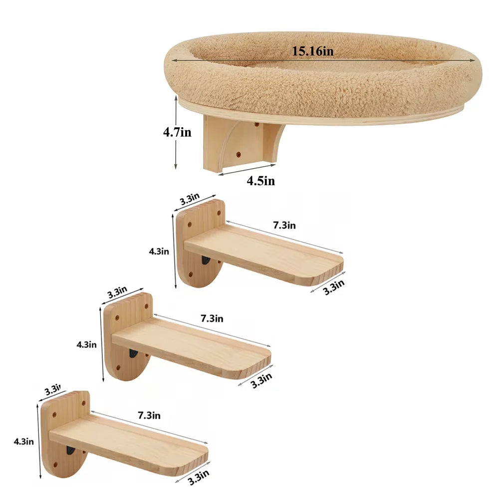 Solid Wood Cat Wall Mount Climbing Ladder With Hammock And Scratching Post