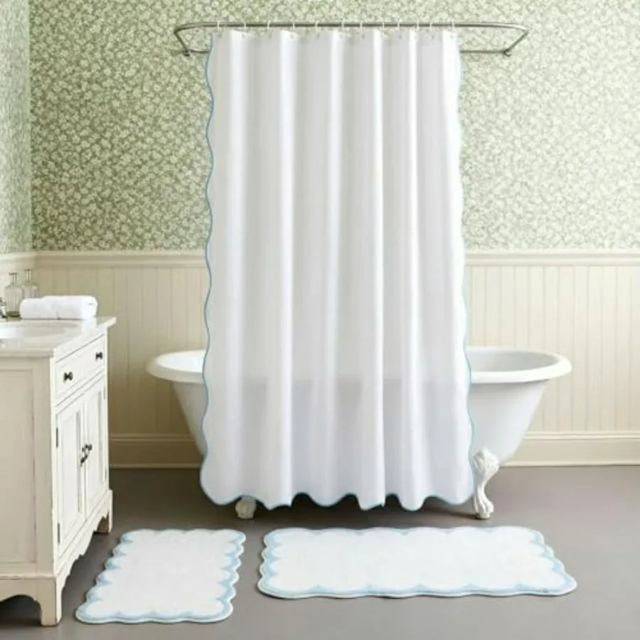 White Blue Scalloped Bathroom Waterproof Shower Curtain Set With Mat