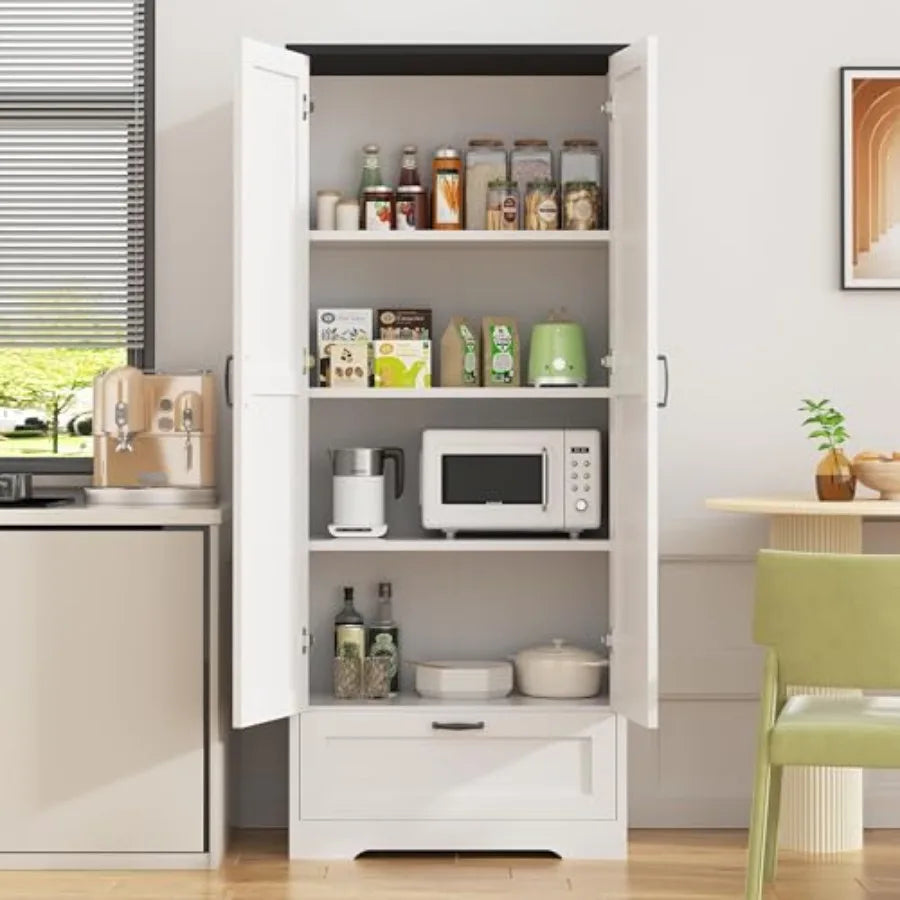 Freestanding Farmhouse Kitchen Pantry Cabinet With Four Shelves And One Drawer