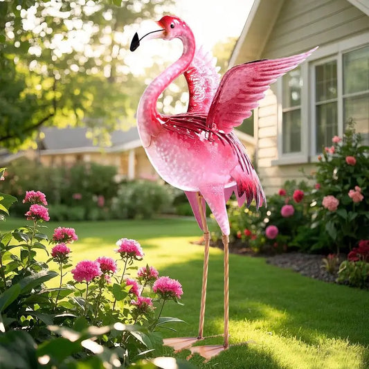 Garden Flamingo Statue Outdoor Metal Bird Sculptures Yard Art