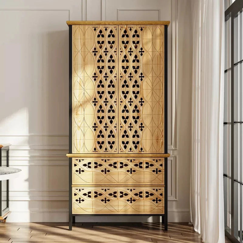 Carved Display Storage Cabinet With 2 Drawers And 6 Shelves