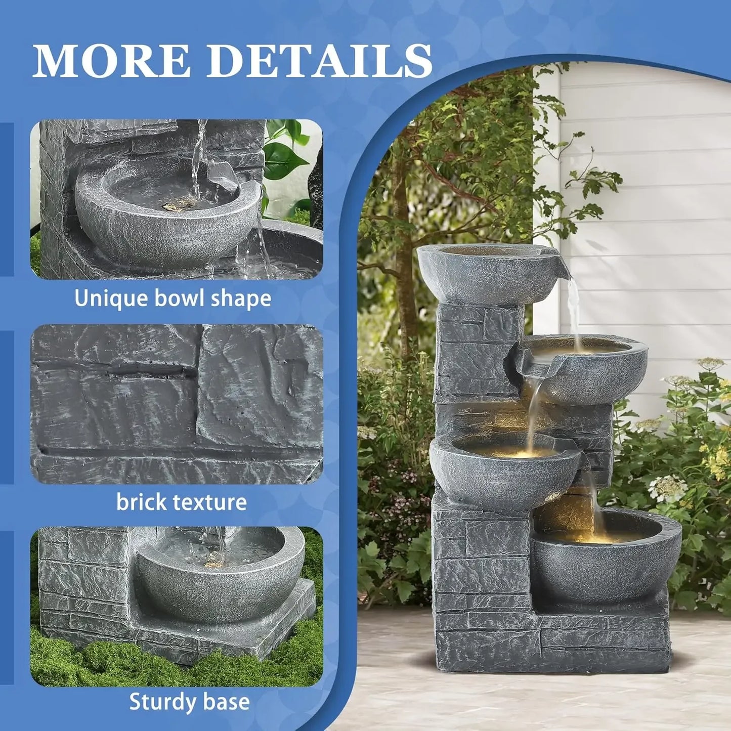Outdoor Cascading Bowls 4-Tier Water Fountain With LED Lights