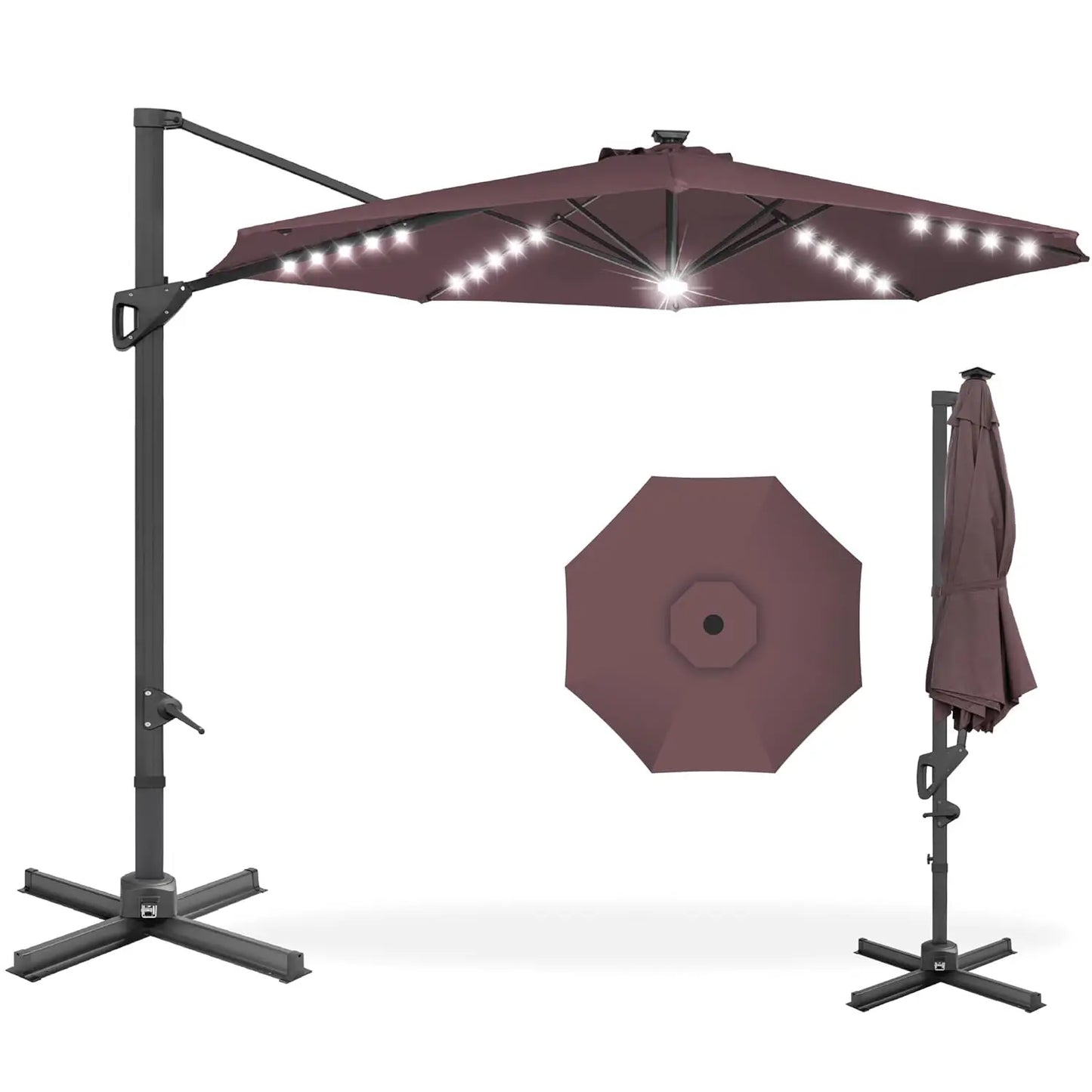 Cantilever Solar LED Patio Umbrella 360-Degree Rotation