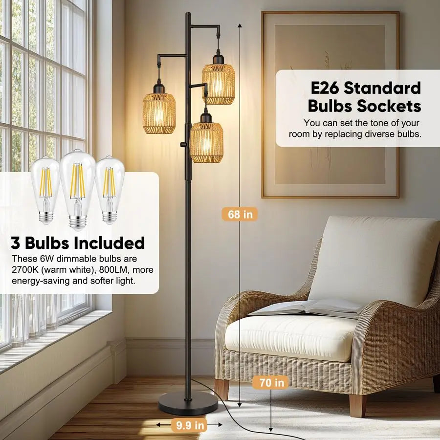 Dimmable Boho Floor Lamp Three Light Farmhouse Rattan