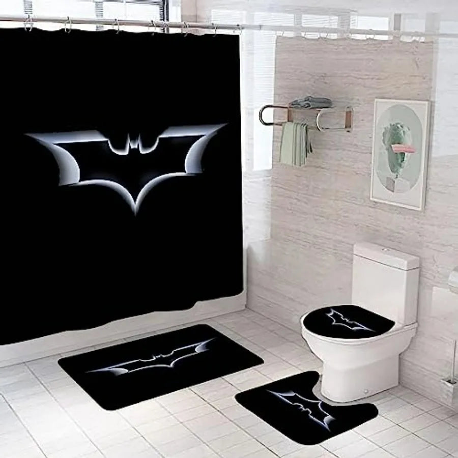 Bathroom 4 Piece Set Shower Curtain Toilet Lid Cover Mat