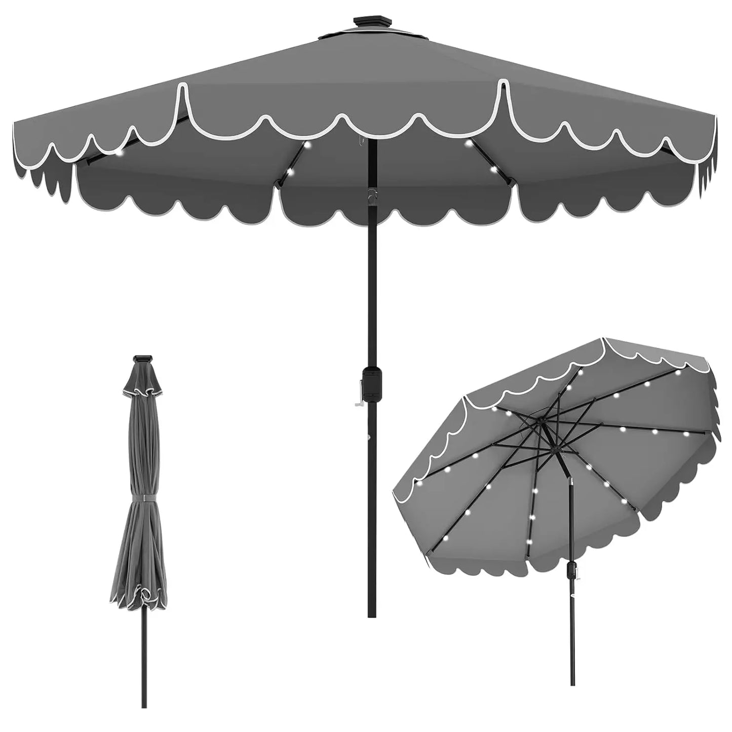 Solar LED Patio Umbrella With 24 Lights Two Tier Scalloped Vented