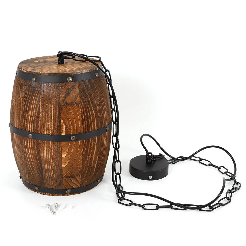Hanging Vintage Wine Barrel Pendant Light Rustic Wood Ceiling Lamp