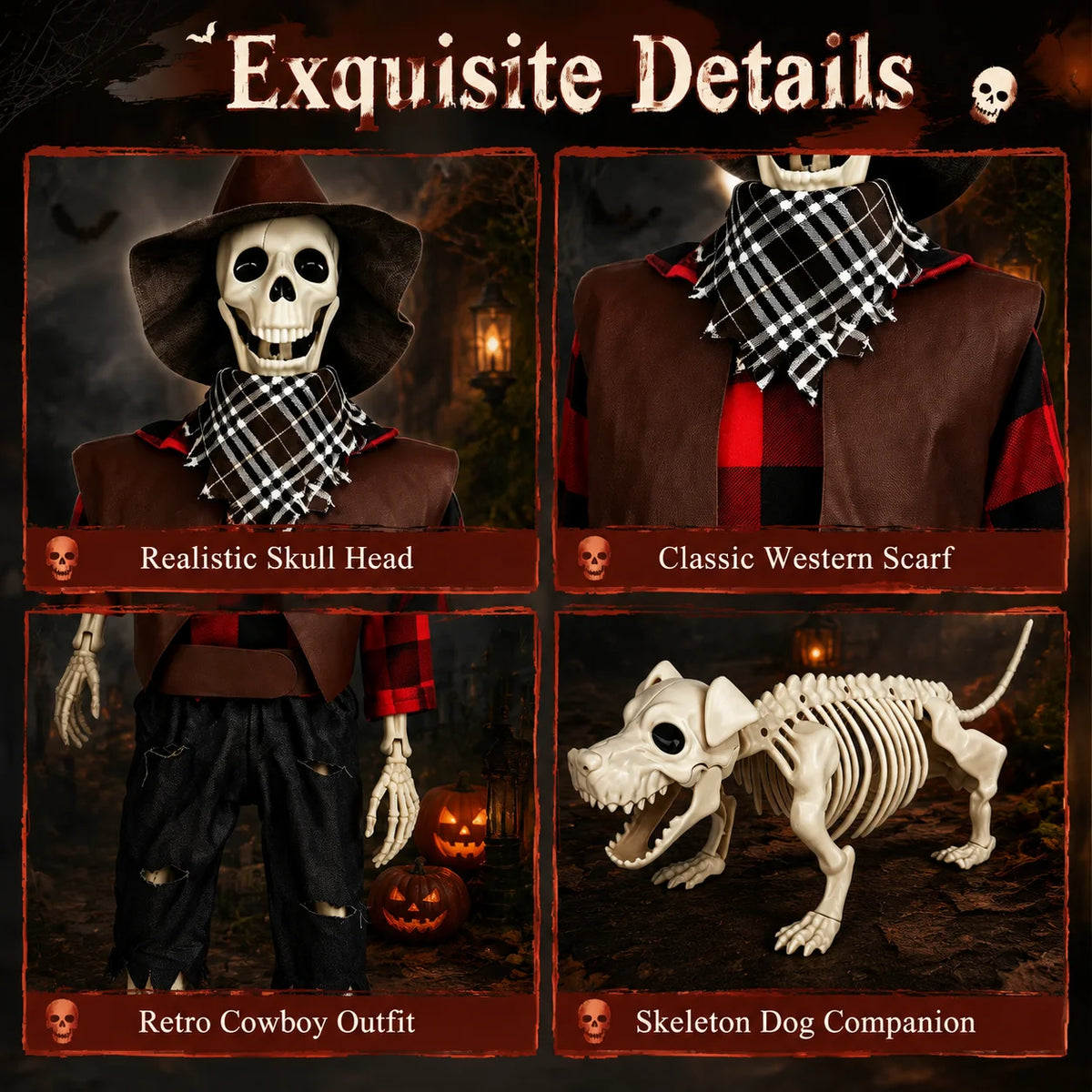 Posable Halloween Skeleton And Dog Outdoor Cowboy Decorations