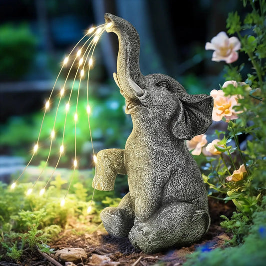 Solar Garden Elephant Watering Statue Outdoor Decor