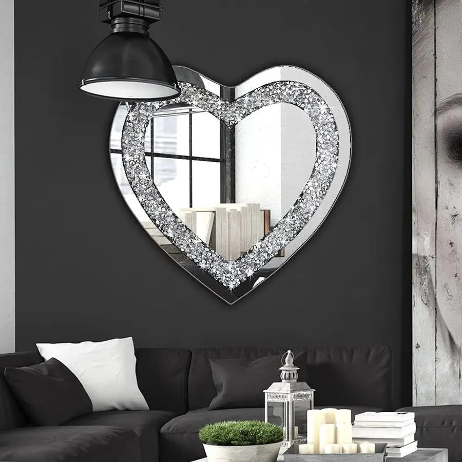Crystal Crush Diamond Heart Shaped Frameless Silver Wall Mirror