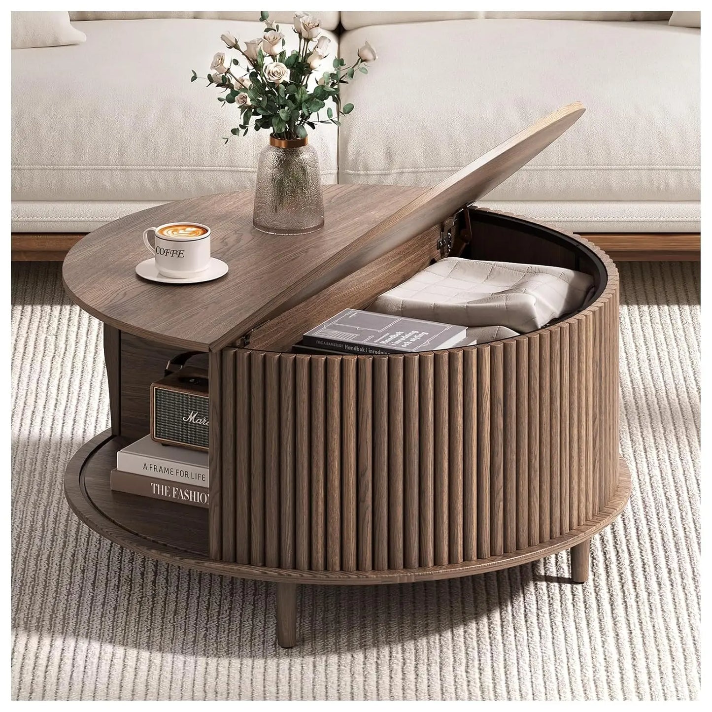 Round Coffee Table With Hidden Storage In Walnut Wood Drum