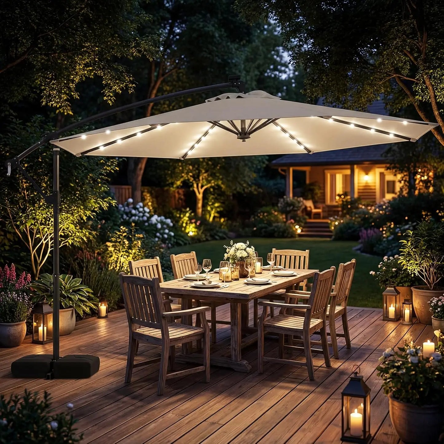 Solar Patio Cantilever Umbrella With Base And LED Lights