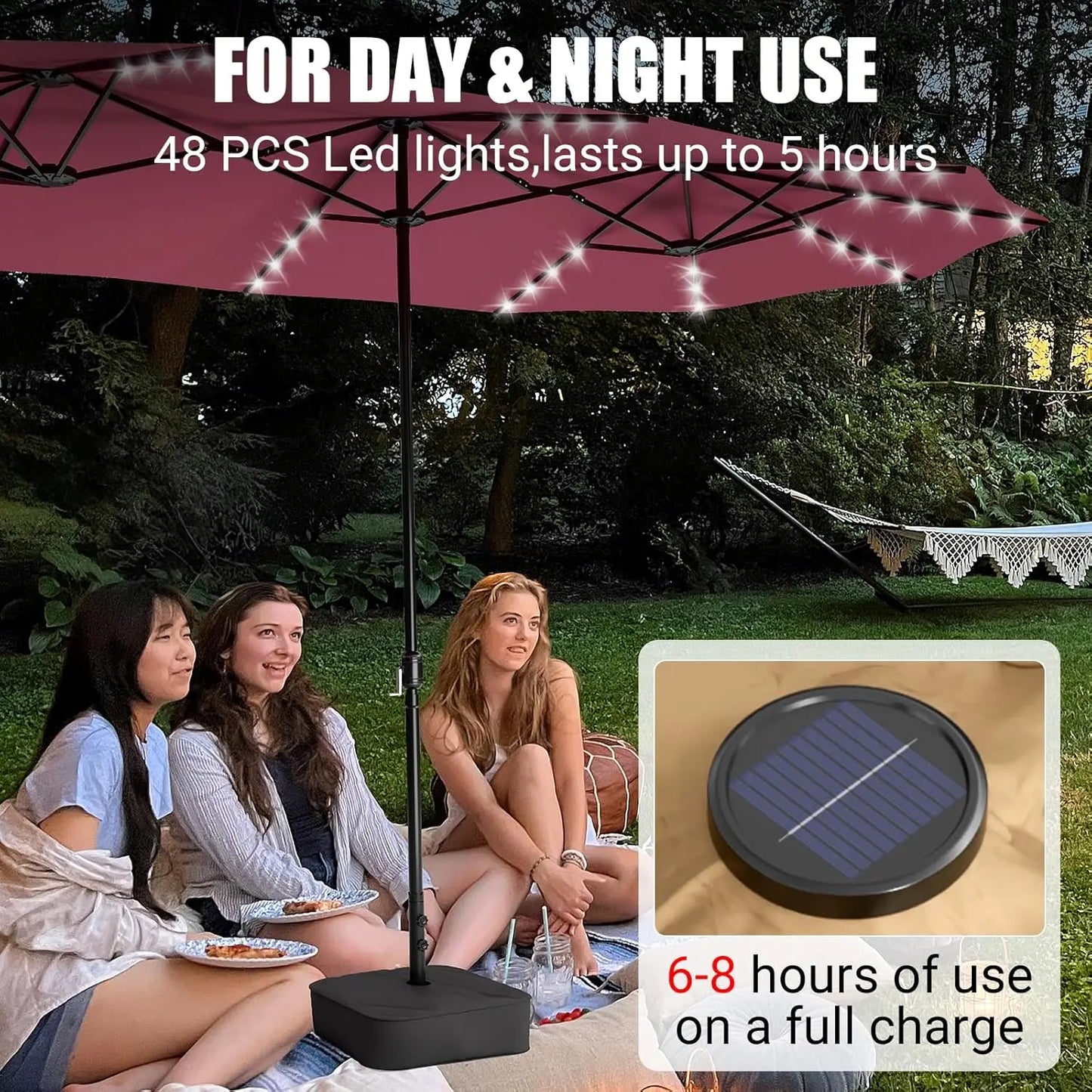 Patio Umbrella With Base And Solar LED Lights Double Sided