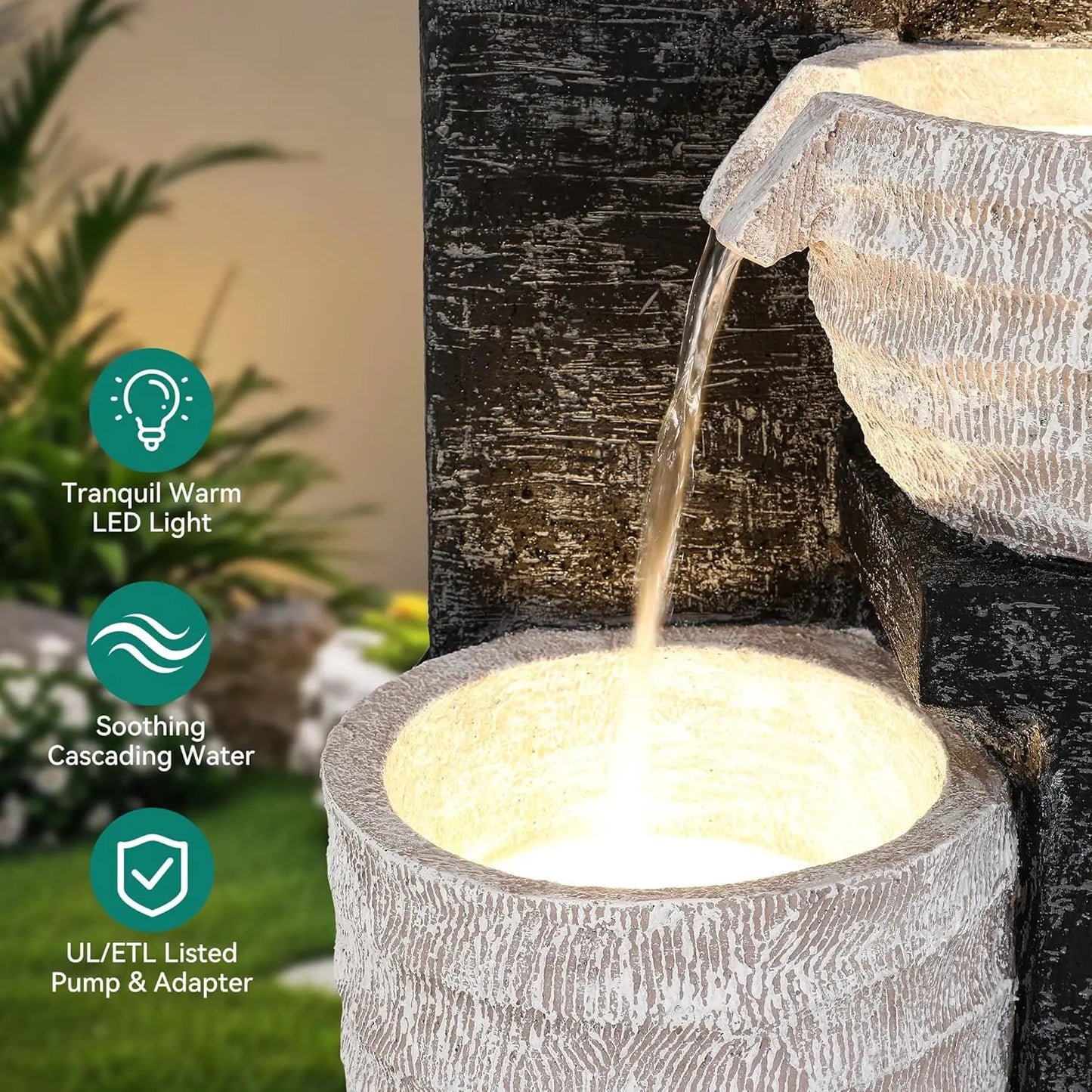 Outdoor Water Fountain With Led Lights Pump Multilayer Cascading Polyresin