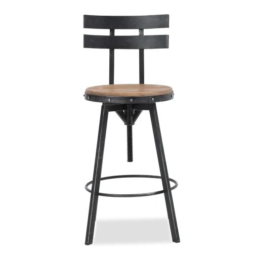 Rustic Antique Barstool With Firwood Seat And Smooth Metal Back