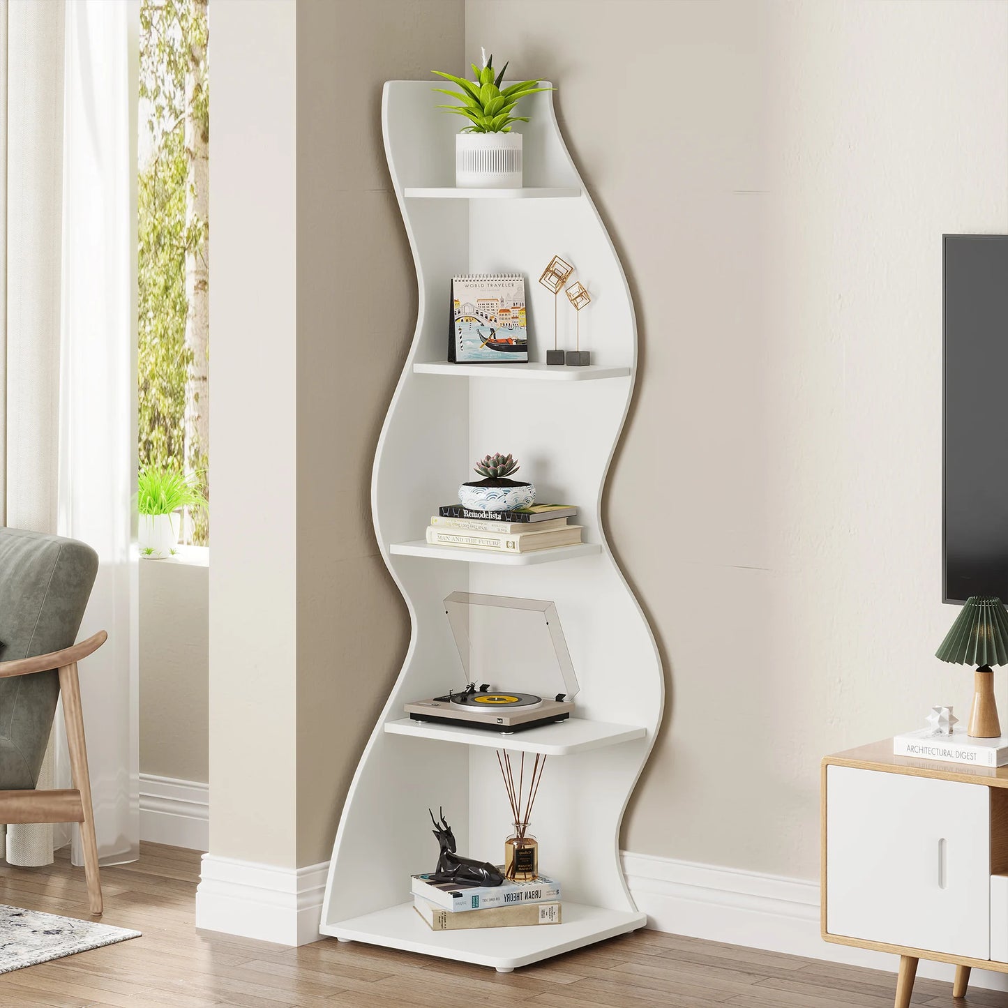 Tribesigns Modern 5-Tier Corner Shelf Wall Bookcase