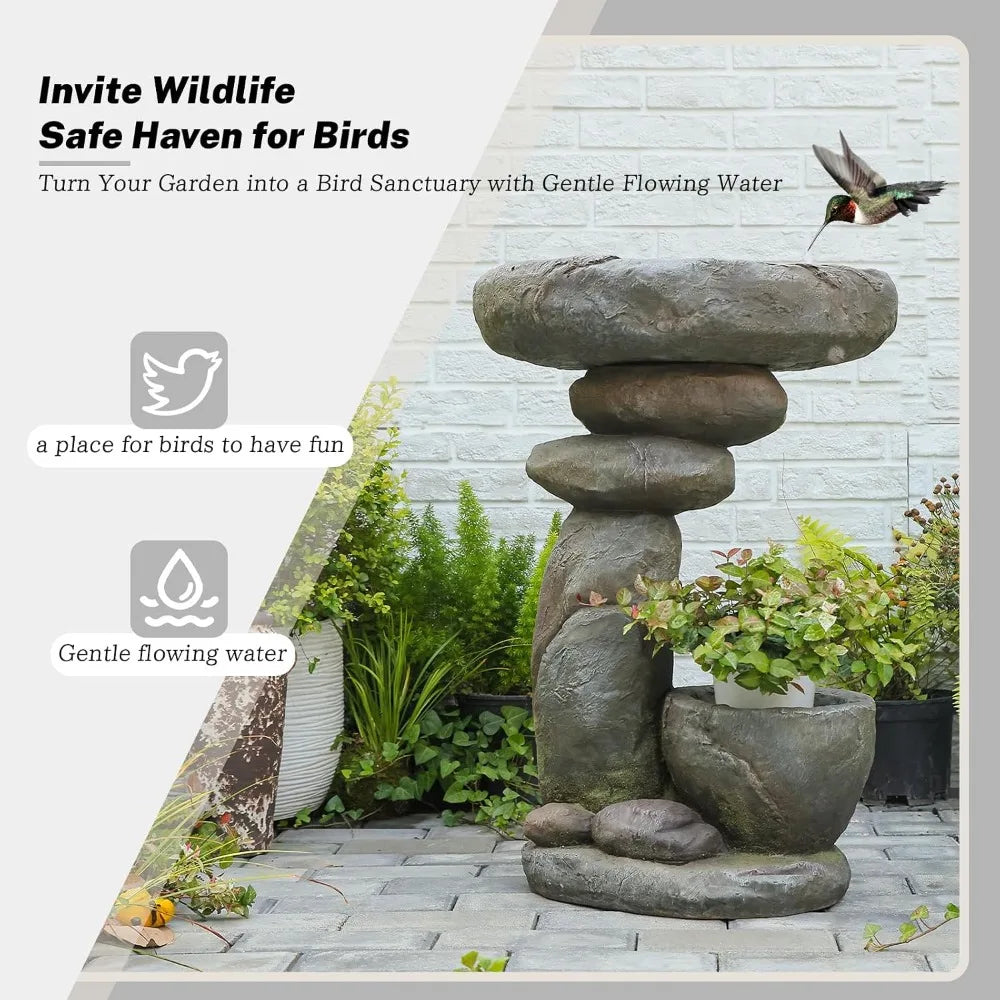 Solar Bird Bath Fountain With Planter And LED Outdoor Waterfall