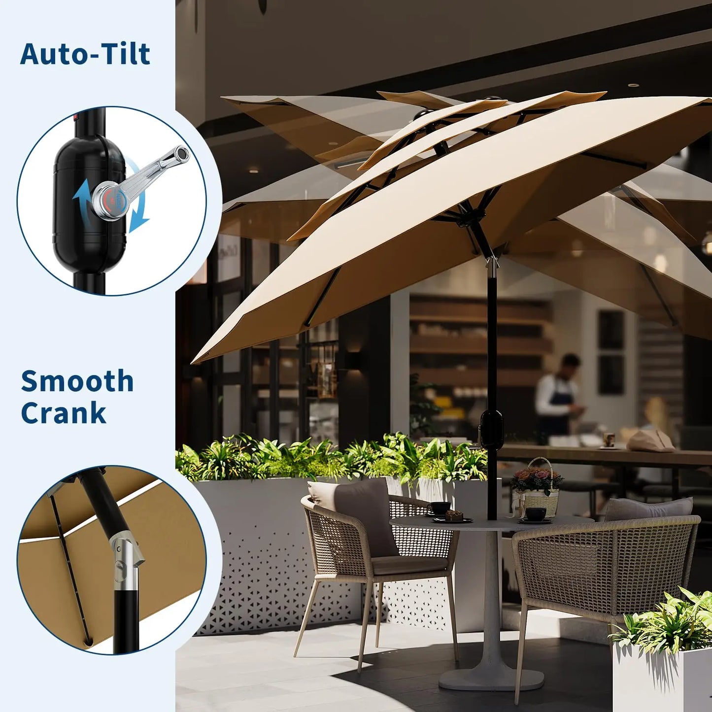 HiMISS 3 Tier Patio Umbrella Vented Sunshade Crank Tilt
