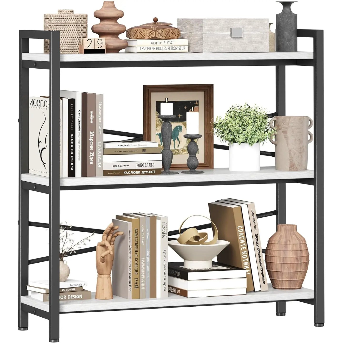 3 Tier Wooden Metal Industrial Bookcase For Living Room Office