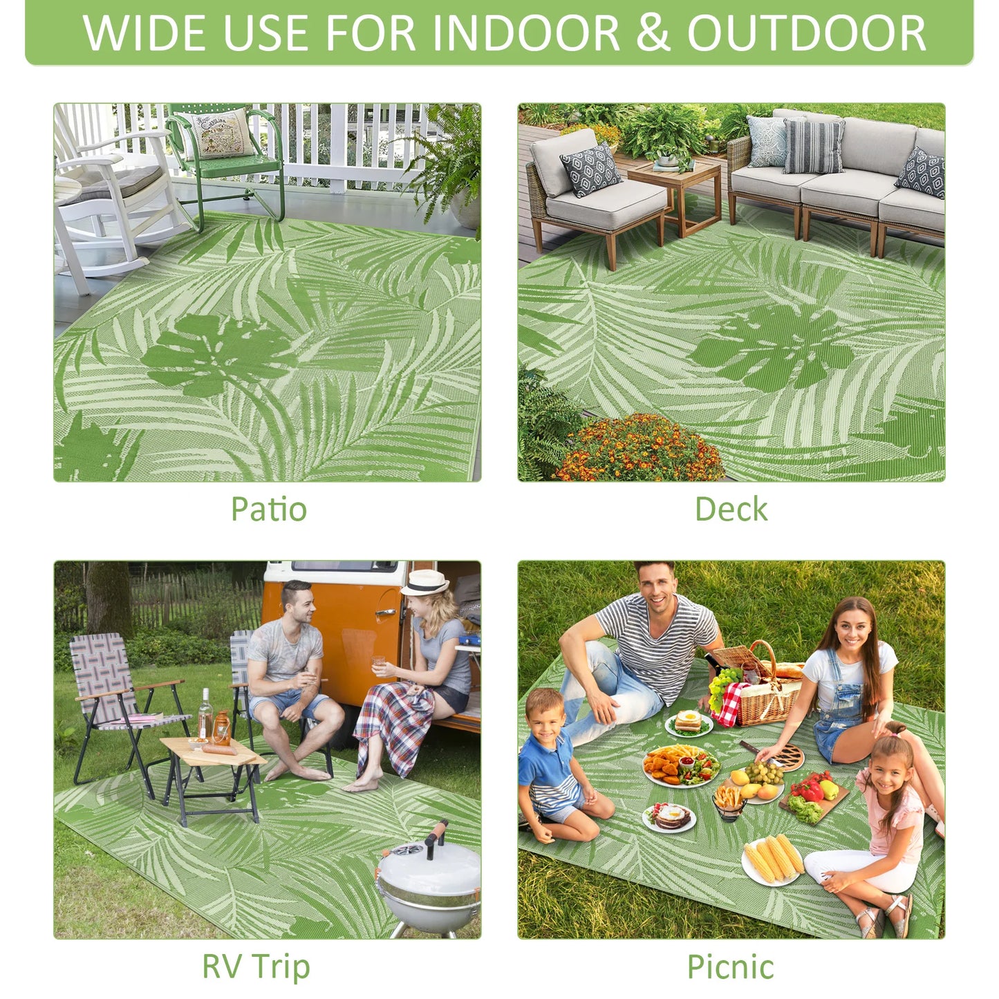 Outdoor Polypropylene Rug Leaves Pattern For Patio Deck RV Camping