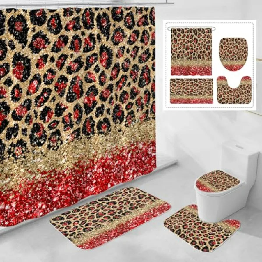 Leopard Print Shower Curtain Set With Non Slip Bath Mats