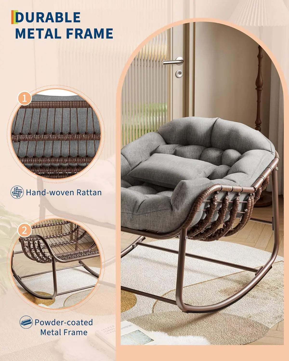 HiMISS Rattan Rocking Chair With Thick Cushion Outdoor Furniture