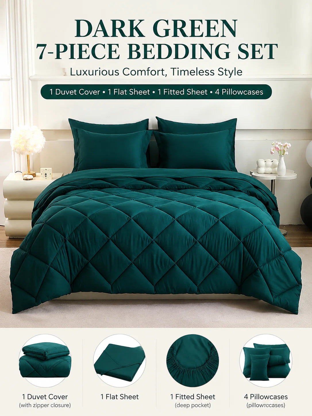 EasYum 7 Piece Bedding Set Quilt Comforter Flat Sheet Pillowcases