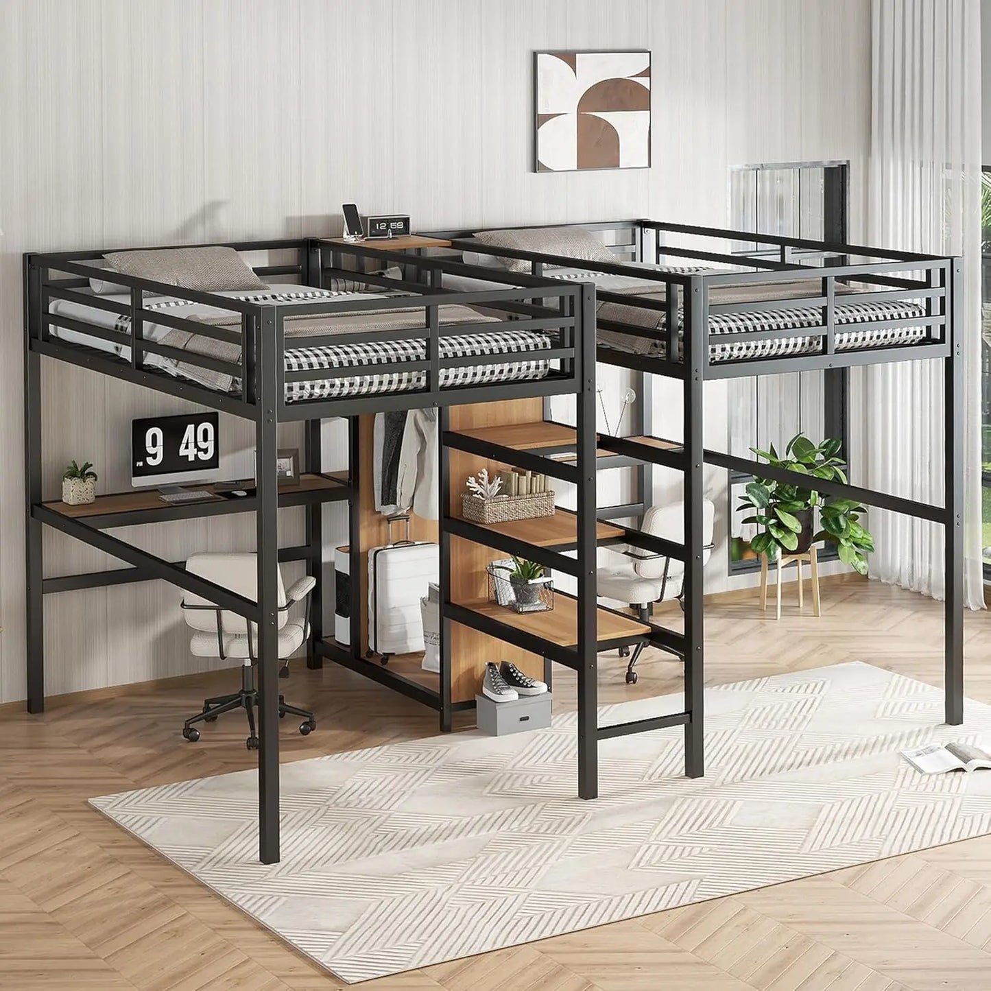 Double Loft Bed With Desk, Storage, Charging Station, Metal Frame