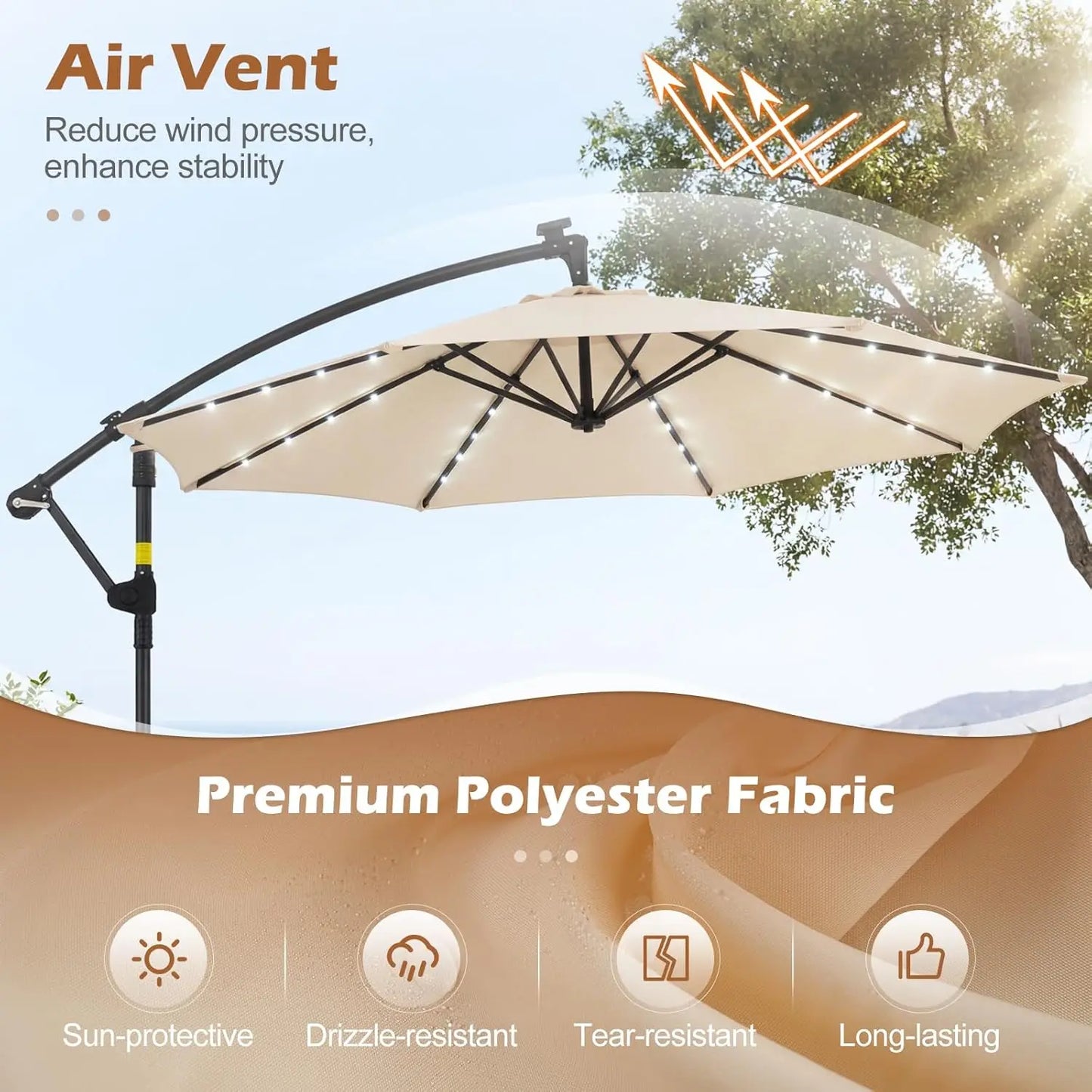 Solar Patio Cantilever Umbrella With Base And LED Lights