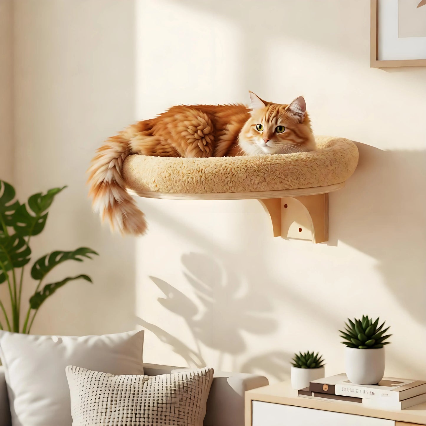 Solid Wood Cat Wall Mount Climbing Ladder With Hammock And Scratching Post