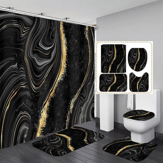 Marble Shower Curtain Set With Gold Accents And Toilet Cover