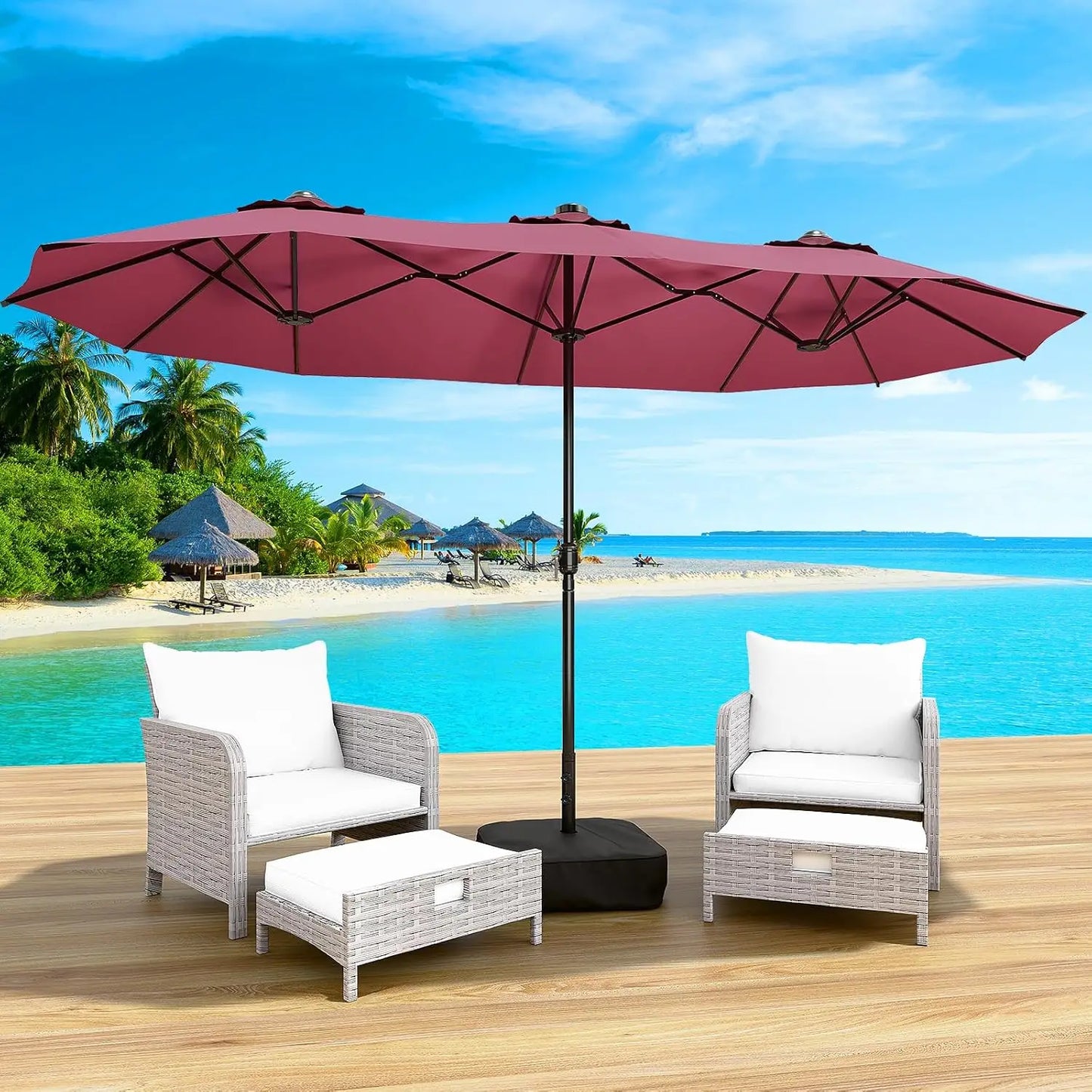 Patio Umbrella With Base And Solar LED Lights Double Sided