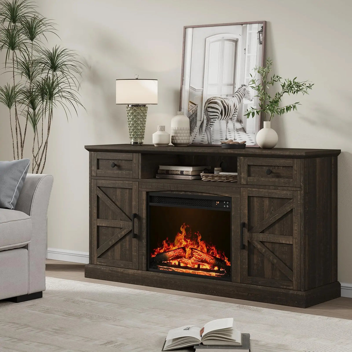 ONBRILL Farmhouse TV Stand With Electric Fireplace And Storage