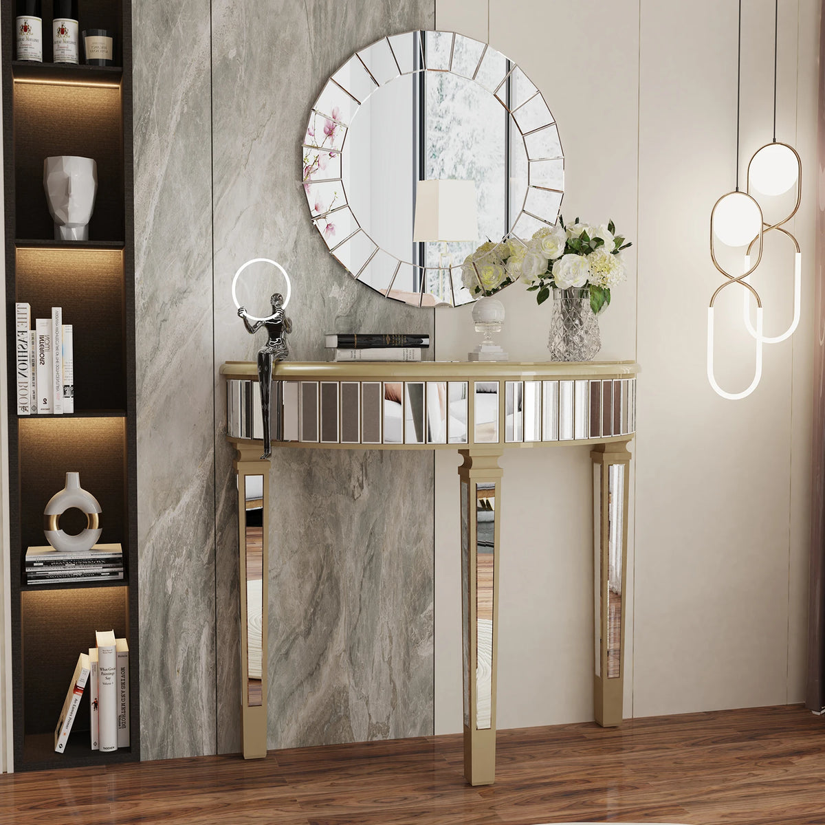 Ornate Mirrored Half Moon Console Table For Entryway Living Room