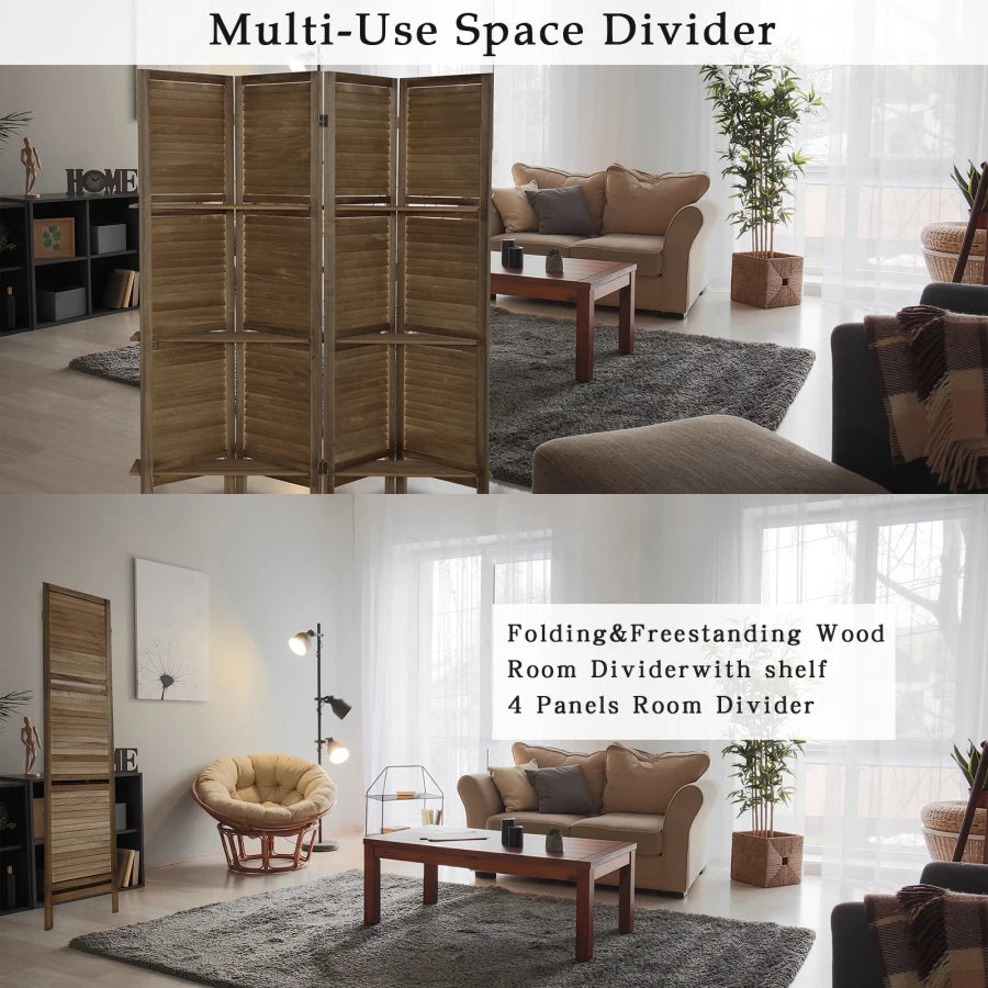 Wooden Folding Room Divider Screen With Display Shelves